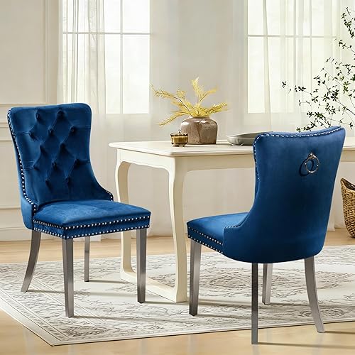 Miniatura 10 de Juego de 6 sillas de comedor de cuero, sillas laterales con respaldo alto, silla lateral tapizada moderna con anillo trasero de botón, patas de negro