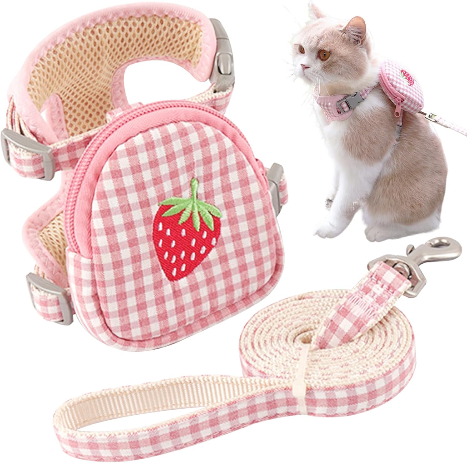 Cat Harness and Leash, Strawberry Printed Plaid Cat Harness with Backpack & Leash, Cat Vest Harness, Cute Pet Harness for Cats & Small Dogs (S, Less 4KG)