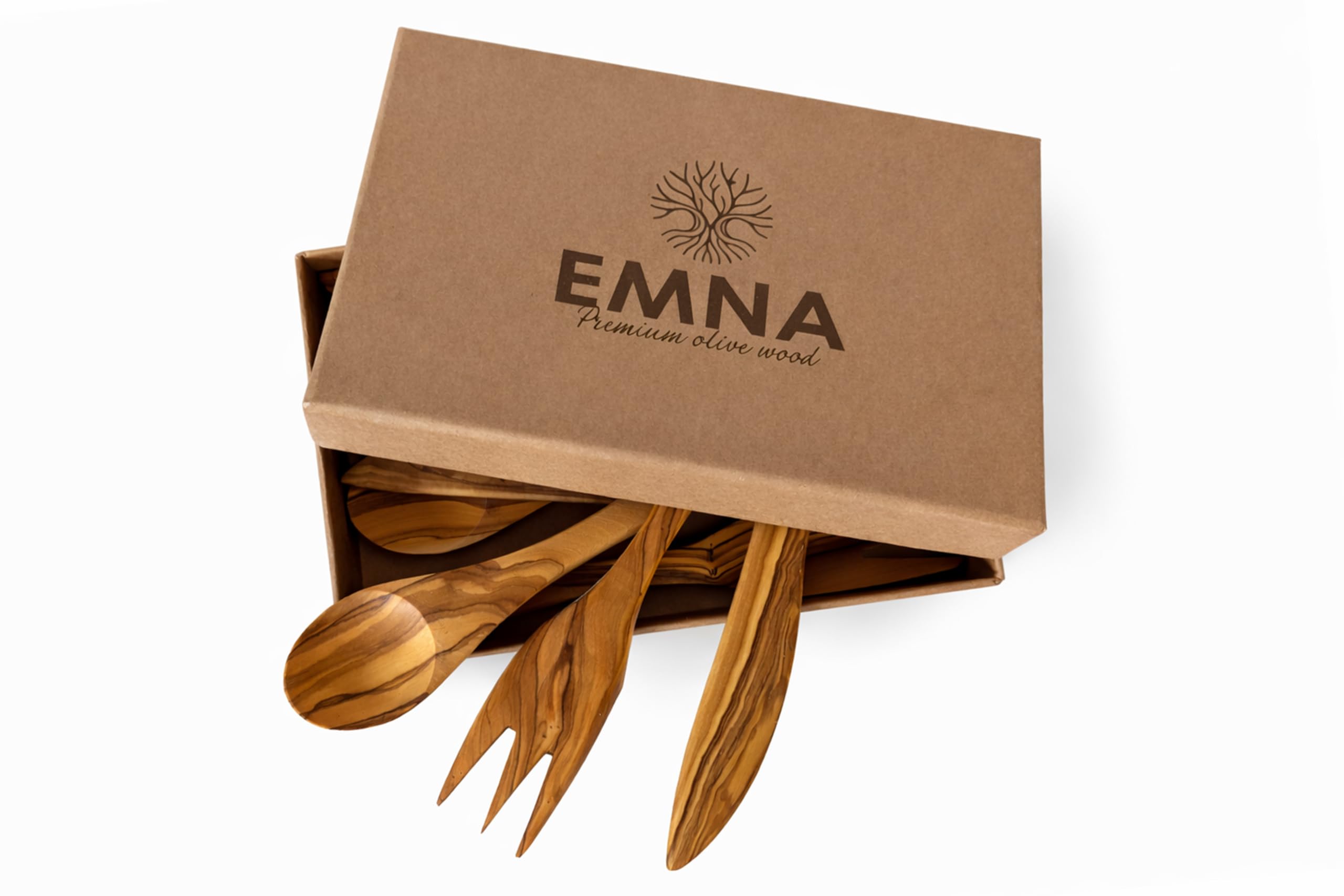 EMNA – Luxuriöses 12-teiliges Besteck Set aus massivem Olivenholz ca. 20 cm | 4 Löffel, 4 Gabeln & 4 Messer | Unikat | Edle Geschenkbox | Premium Geschenk Idee Weihnachten Hochzeit Geburtstag