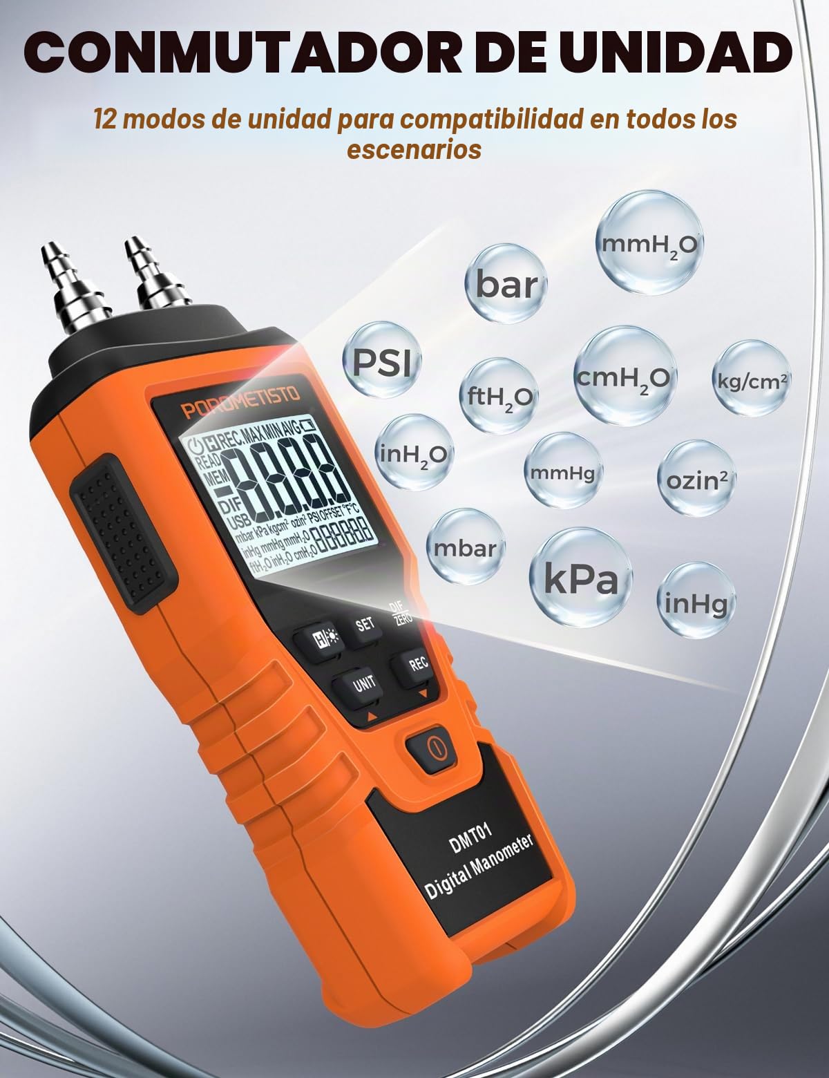 DMT01 Manómetro Digital Precisión, ±5 PSI / ±34.47 kPa, 12 Unidades, HVAC Diferencial, ±0.3% FS, Doble Puerto Gas, Retroiluminación, Retención de Datos, Ajuste Manual Cero