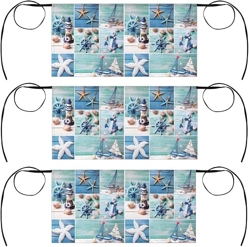 3 Pocket Waist Apron, Pack of 3, Color Of Ocean Server Short Apron for Men Women, Kitchen, Restaurant, Cafe Delantales De Mesera Para Mujer Waitress