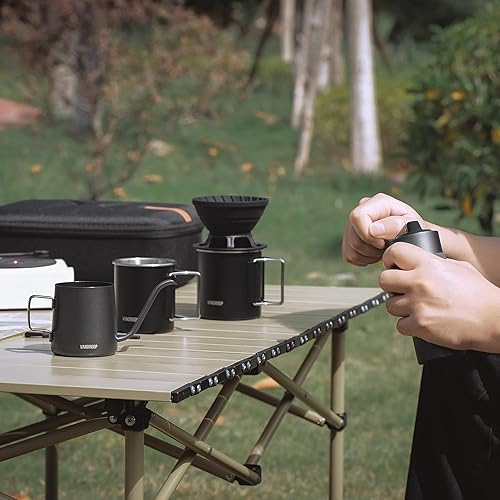 Miniatura 7 de Juego de cafetera portátil todo en 1, molinillo de café manual con rebabas cónicas de acero inoxidable, juego de gotero de café plegable de