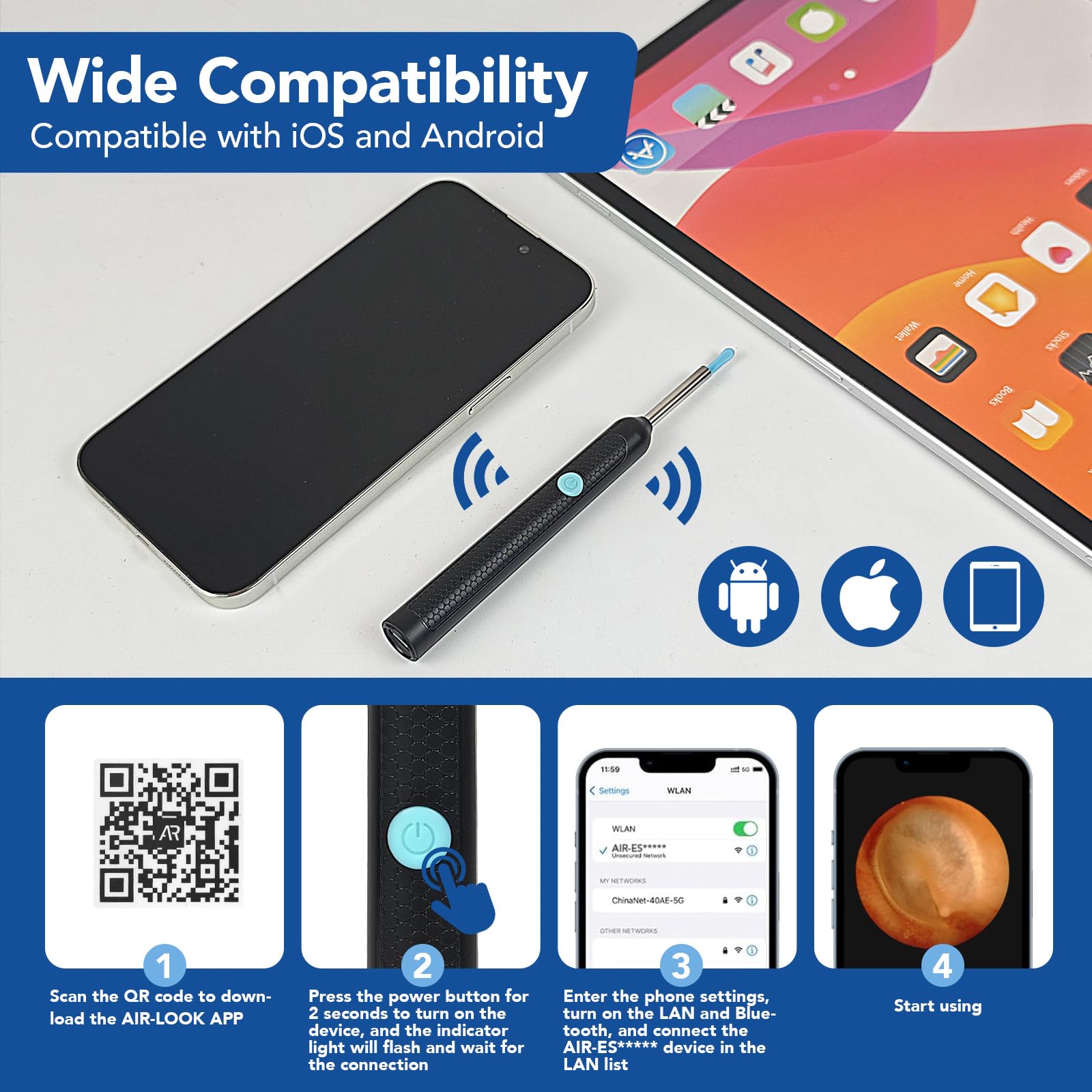 Otoskop do usuwania woskowiny, 1920P HD WiFi (czarny) | IP67 urządzenie do czyszczenia uszu z 6 diodami LED i soczewką 3,5 mm, aparat do uszu, kompatybilny z iPhone, Android, iPad