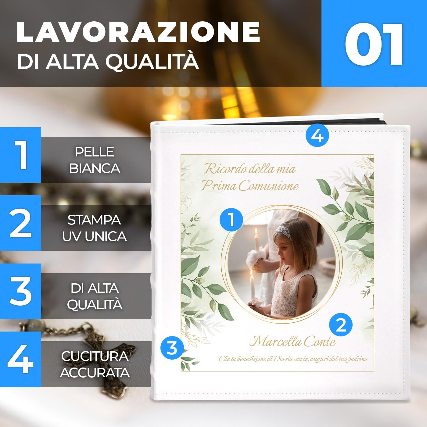 Maverton Album Foto Personalizzato - Copertina in Pelle Sintetica Bianca Personalizzata con Stampa Colorata - 60 pagine nere - 240 foto 10x15 cm - regali per prima comunione - Comunione