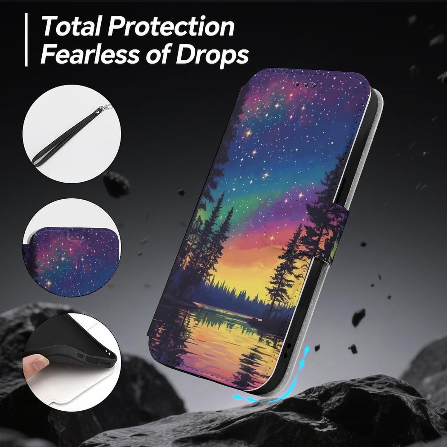 Colorful Aurora Starry Sky Lake Compatible with iPhone 16/16 Plus/16 Pro/16 Pro Max/16 E Case Phone Wallet Card Holder Flip Cover with Wrist Strap