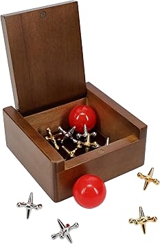 WE Games Metal Jacks Set Classic Jacks Game with 2 Red Balls in Walnut Stain Keepsake Wooden Box Nostalgic Floor Game