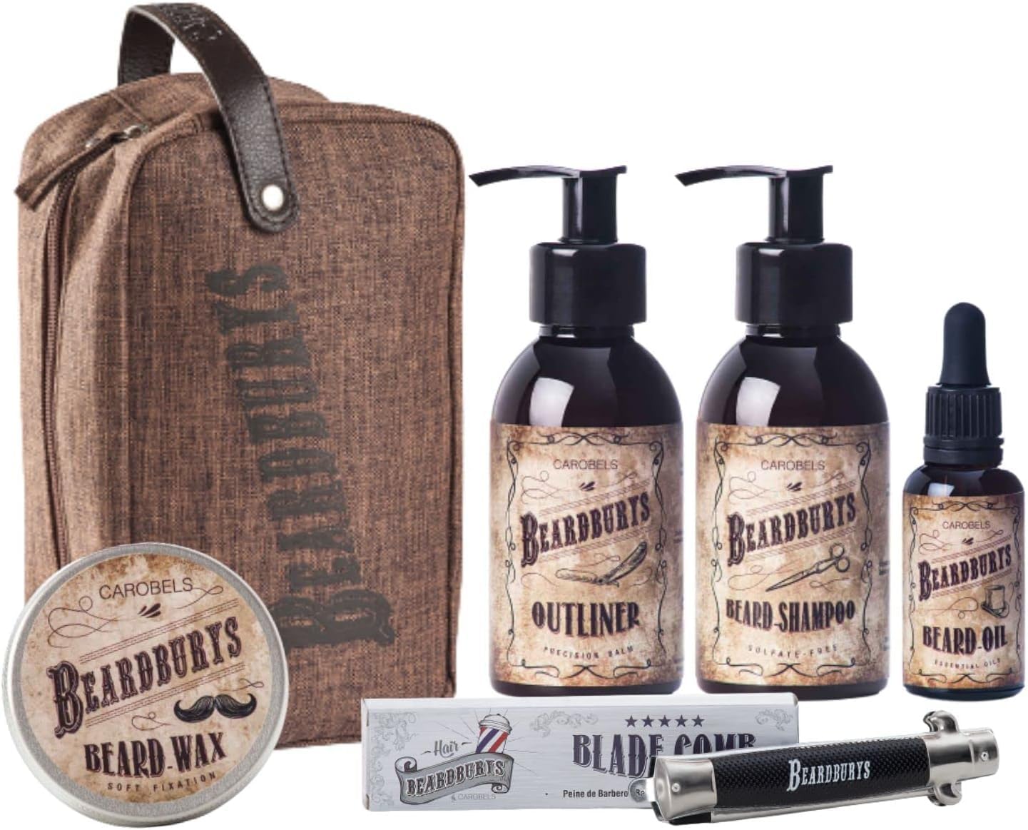 Beardburys Kit para el Cuidado de la Barba, Set completo de Cuidado: Champú, Acondicionador, Aceite y Cera para Barba, Ingredientes Naturales, Perfecto para Todo Tipo de Barba, Set para Hombres