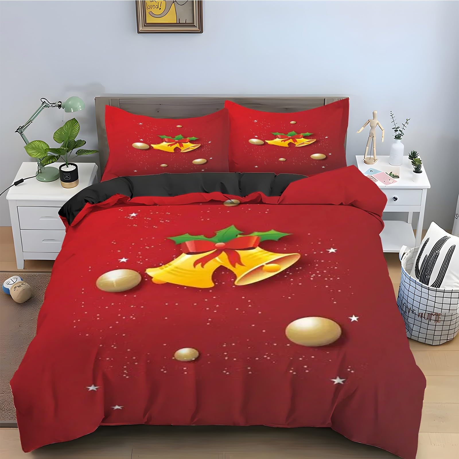 Housse de Couette 220x240 Cloches De Noël Parure de Lit 3 Pièces