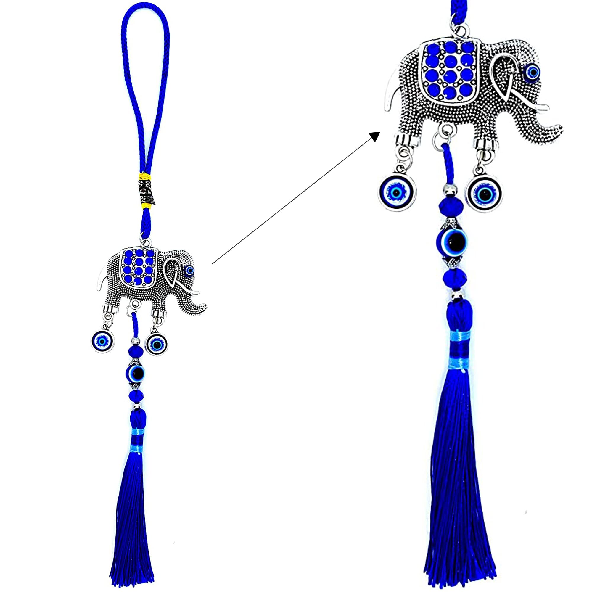 LUCKBOOSTIUM Evil Eye Elephant Keychain with Blue Tassels - Decorative Evil Eye Keychain…