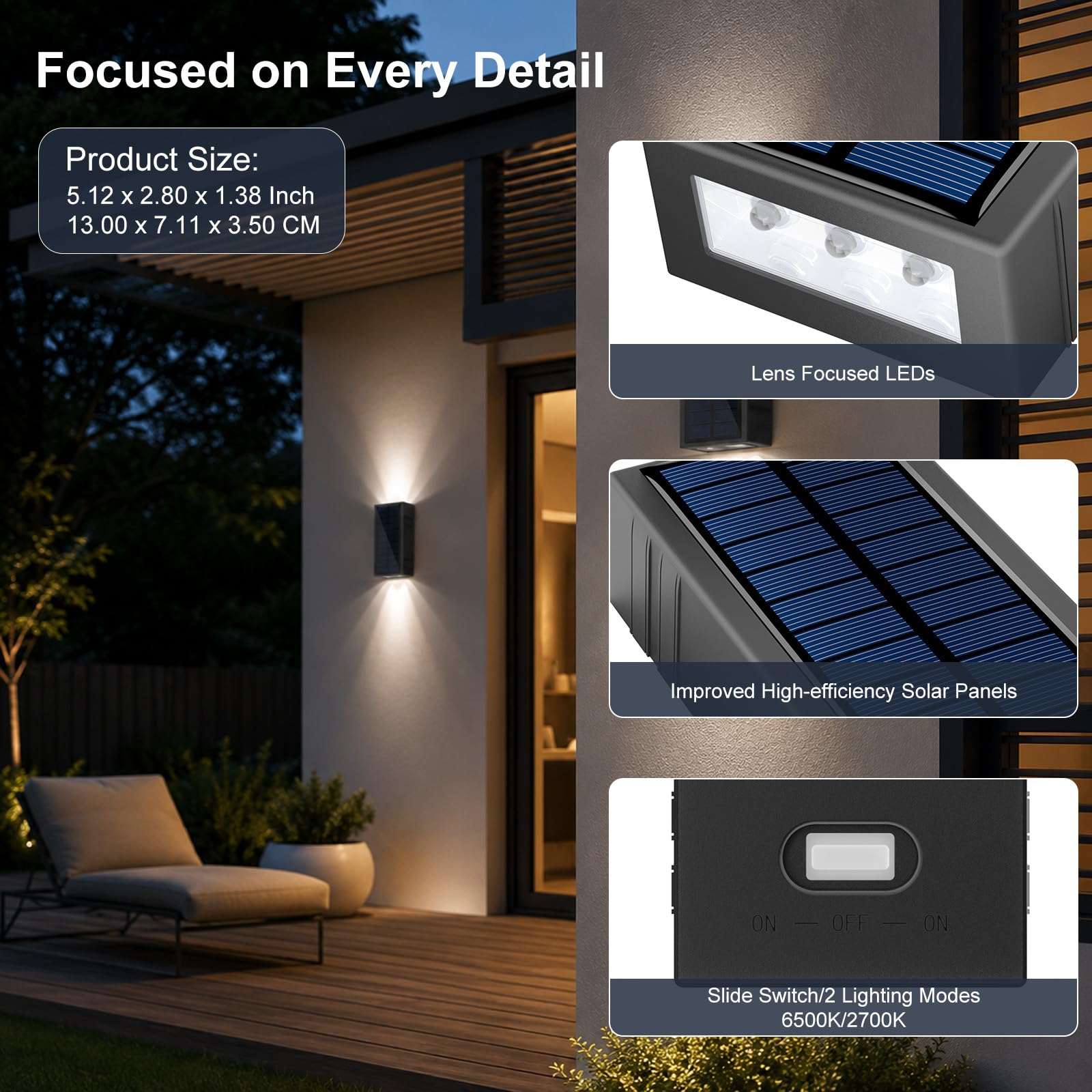 Lacasa Luz Solar Exterior de Pared, 4 Pack 2 Modos Luces Solares Apliques | 2 Colores en 1 (2700K/6500K), Impermeable IP65, Up & Down Iluminación Auto On/Off, LED Lampara Solar para Jardin Garaje Patio
