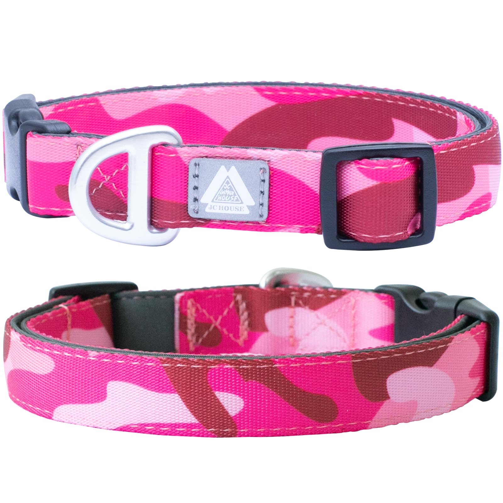 JC HOUSE Soft Padded Dog Collar, Neck 16’’-25’’, Adjustable Heavy Duty Collar with 3M Reflective Logo for Medium, Large Dogs, Camo Pink, L