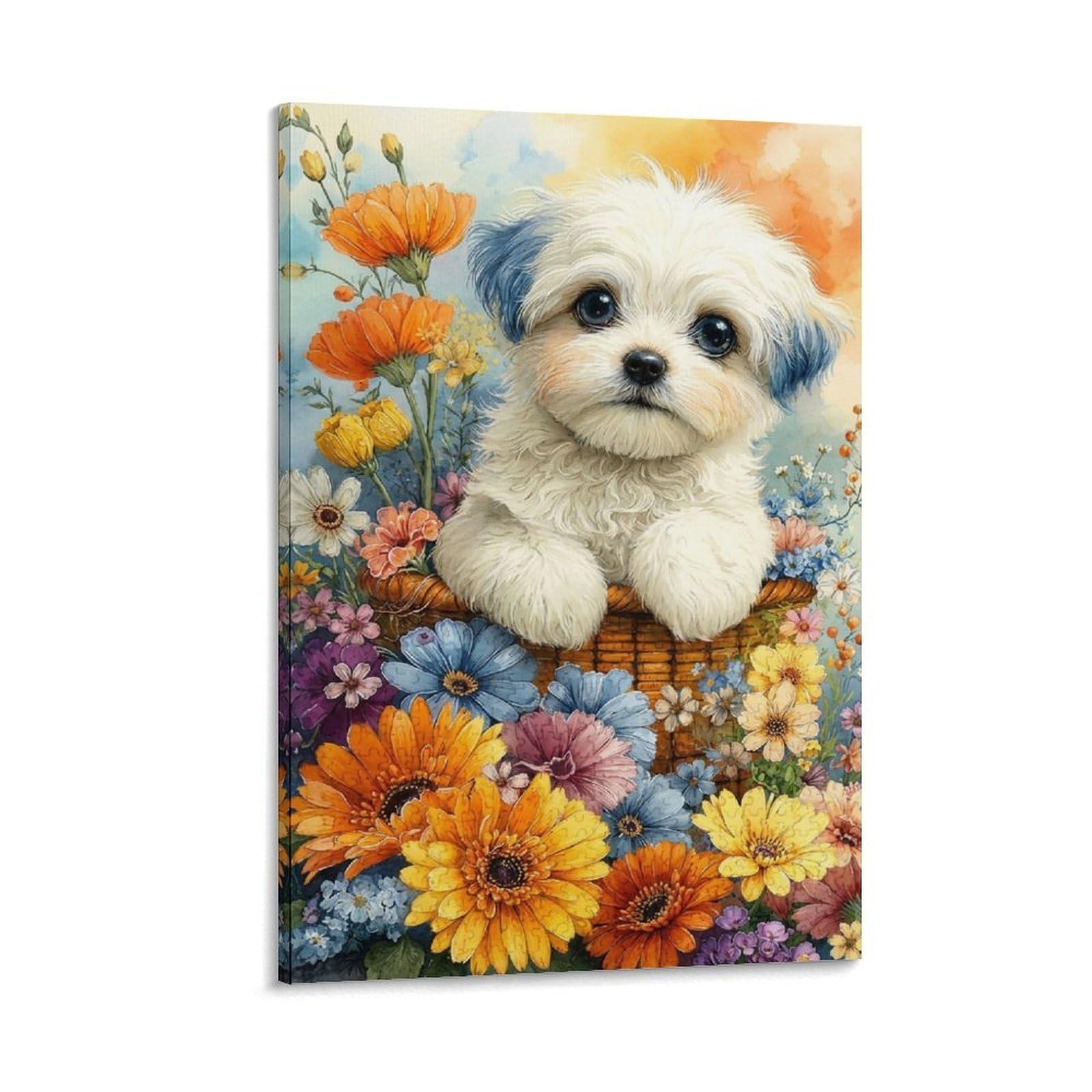 DHBANEIOK Cute Puppy in Basket Poster Artwork Giclee Canvas Prints Modern Wall Art Picture Wall Hanging for Dining Room Kitchen Home Office Decor 20x30inch(50x75cm)
