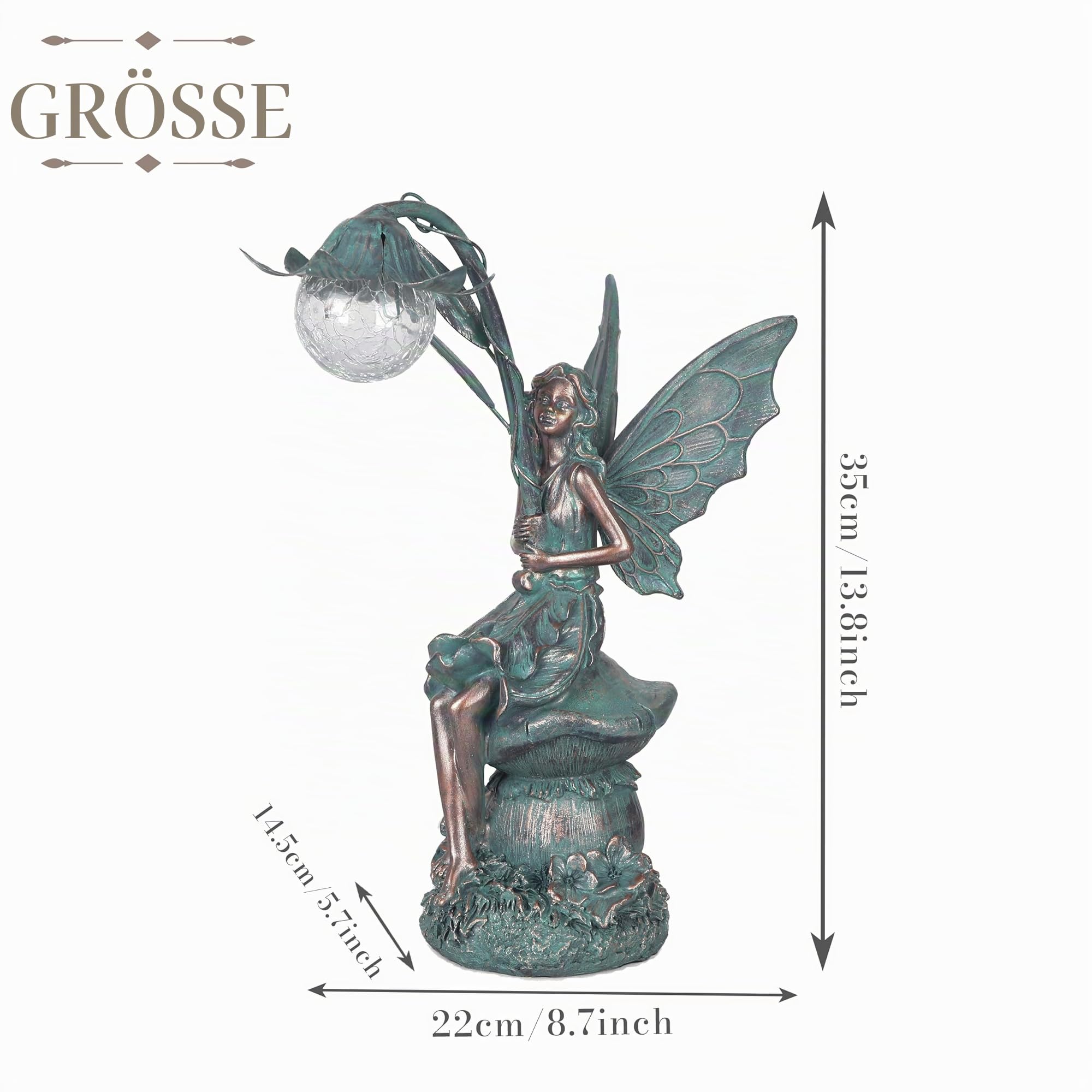 TERESA'S COLLECTIONS Gartendeko für draußen,35cm Bronze Sitzende Elfen mit Solar Glaskugeln Beleuchtung aus Polystein,groß Feen Statue Solar Fairy, Gartenfiguren Geschenk für Mama Vatertag