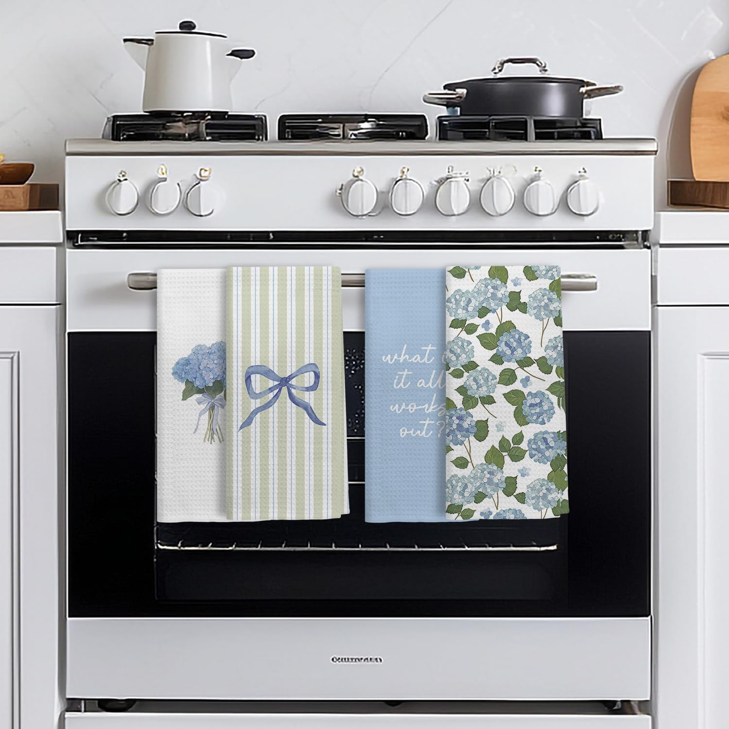 Inspirational Coquette Blue Bow Hydrangea Floral Kitchen Dish Towels, Sage Green Striped Flower Decorative Hand Towels for Bathroom Kitchen, Floral Bathroom Decor, 16x24 Inch Set of 4