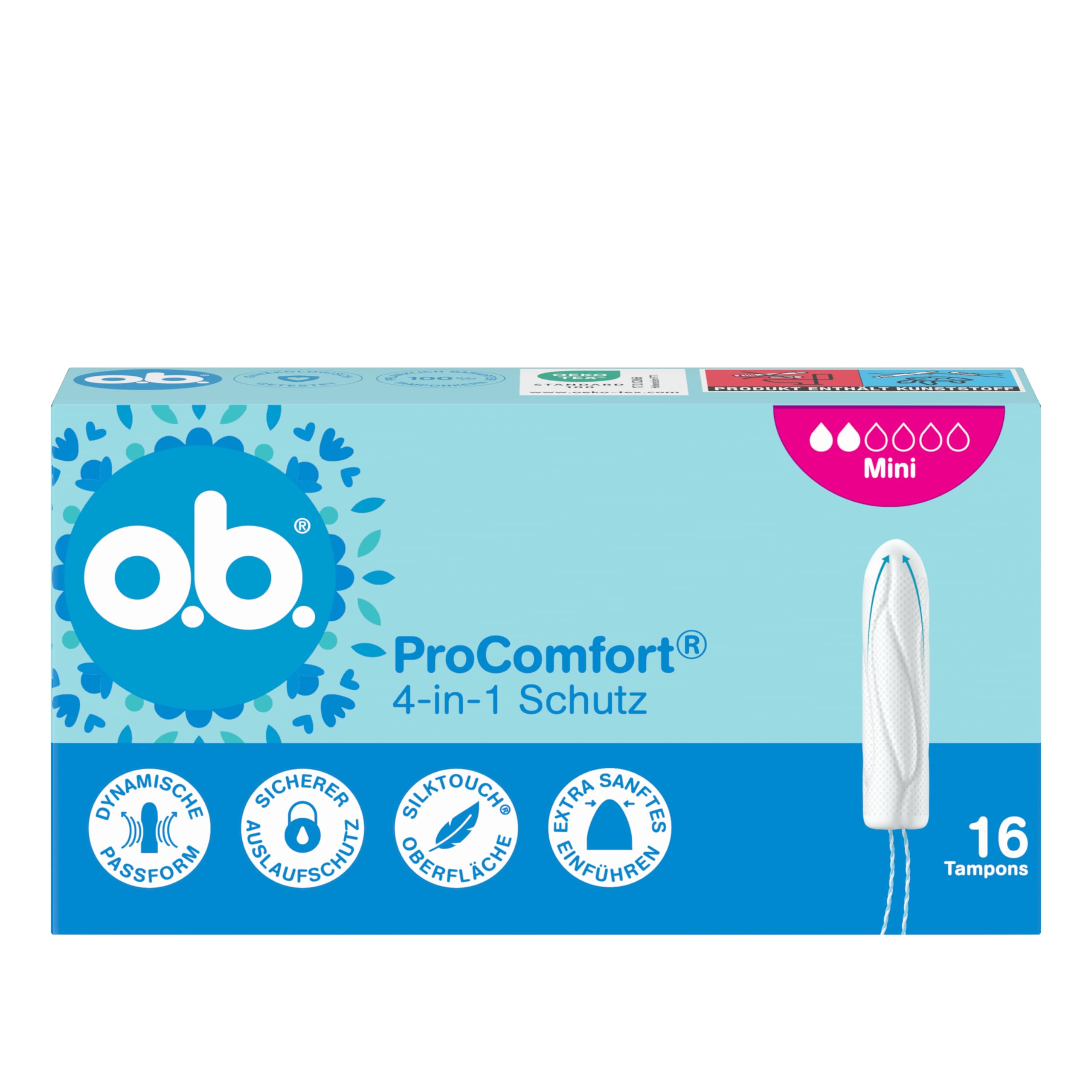 o.b. ProComfort mini tamponi di protezione 4 in 1 (6 x 16 pezzi) con punta extra delicata per un facile inserimento e protezione fino al 100% contro le perdite, ideali per lo sport e la vita