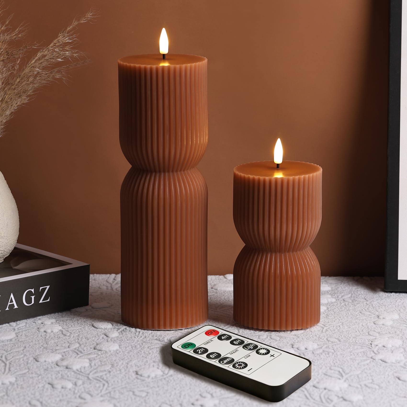 Eywamag Brown Ribbed Flameless Pillar Candles with Remote, Flickering LED Wax Candles Battery Operated Set of 2