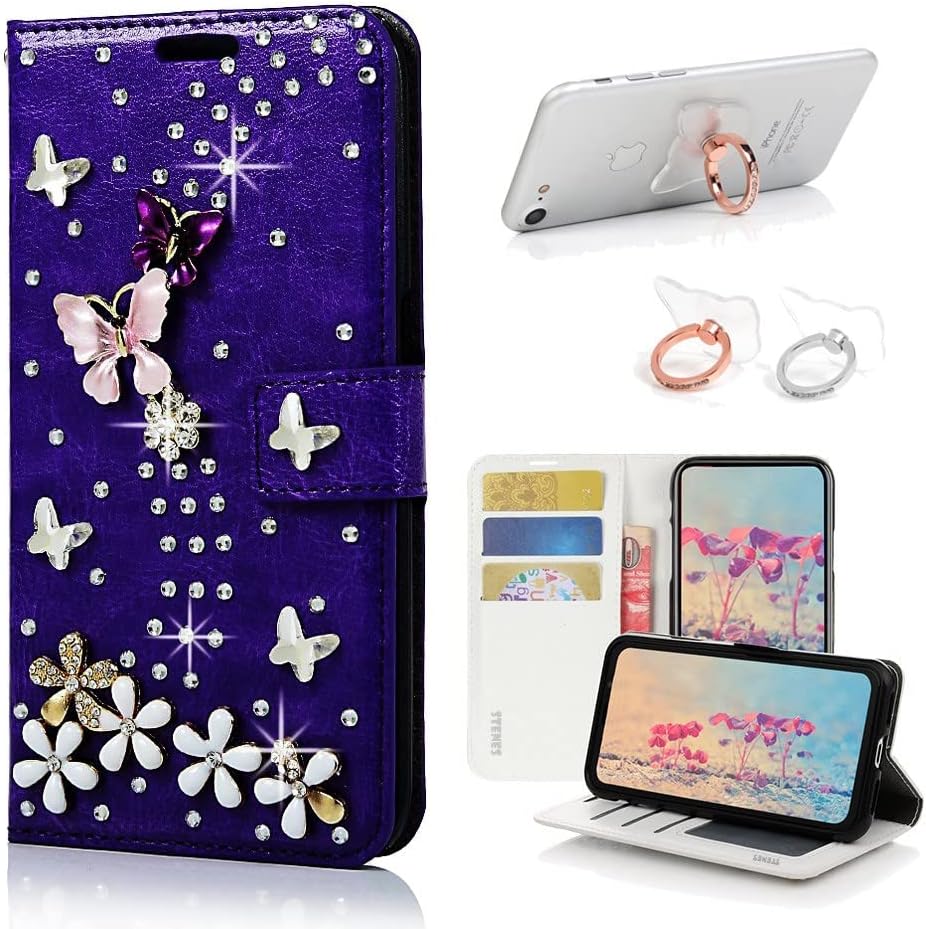 STENES Bling Wallet Phone Case Compatible with Samsung Galaxy S21 Plus Case - Stylish - 3D Handmade Heart Pendant Flowers Design Leather Cover with Ring Stand Holder [2 Pack] - Pink