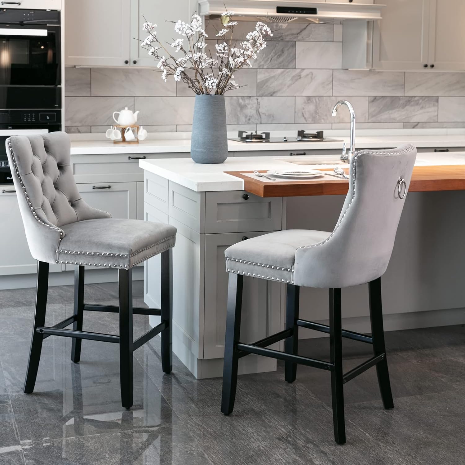 Counter Height Bar Stools Set of 2, Bar Stools with Back and Sturdy Solid Wood Legs, 26.3” Seat Height Velvet Upholstered Bar Chairs, Button Tufted & Nailhead Trim, for Kitchen Island, Gray