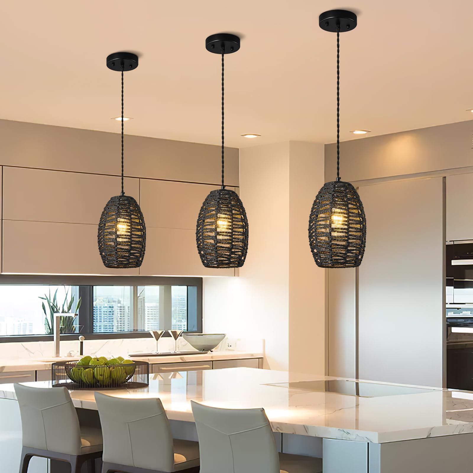 Lámpara Araña de Ratán Negro para Isla Cocina, Altura Ajustable, Estilo Bohemio E27 Cesta de Sala de Estar Granja (1-Paquete)