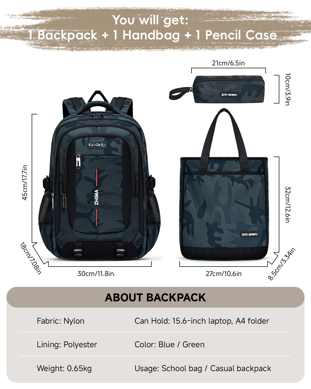 Amythe Schulrucksack Jungen Teenager 3-teilig Camouflage Grün | Set: Rucksack + Umhängetasche + Stifttasche. Wasserabweisender Schulranzen für Jungen der 3. - 7. Klasse, Große Kapazität