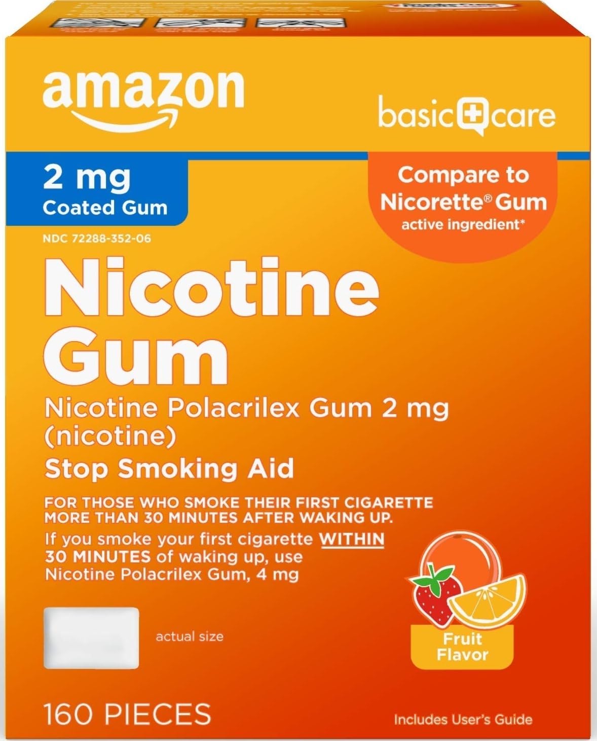 Amazon Basic Care Coated Nicotine Polacrilex Gum, 2 mg, Fruit Flavor, Stop Smoking Aid, Reduces Cravings, Smoking Cessation, 160 Count