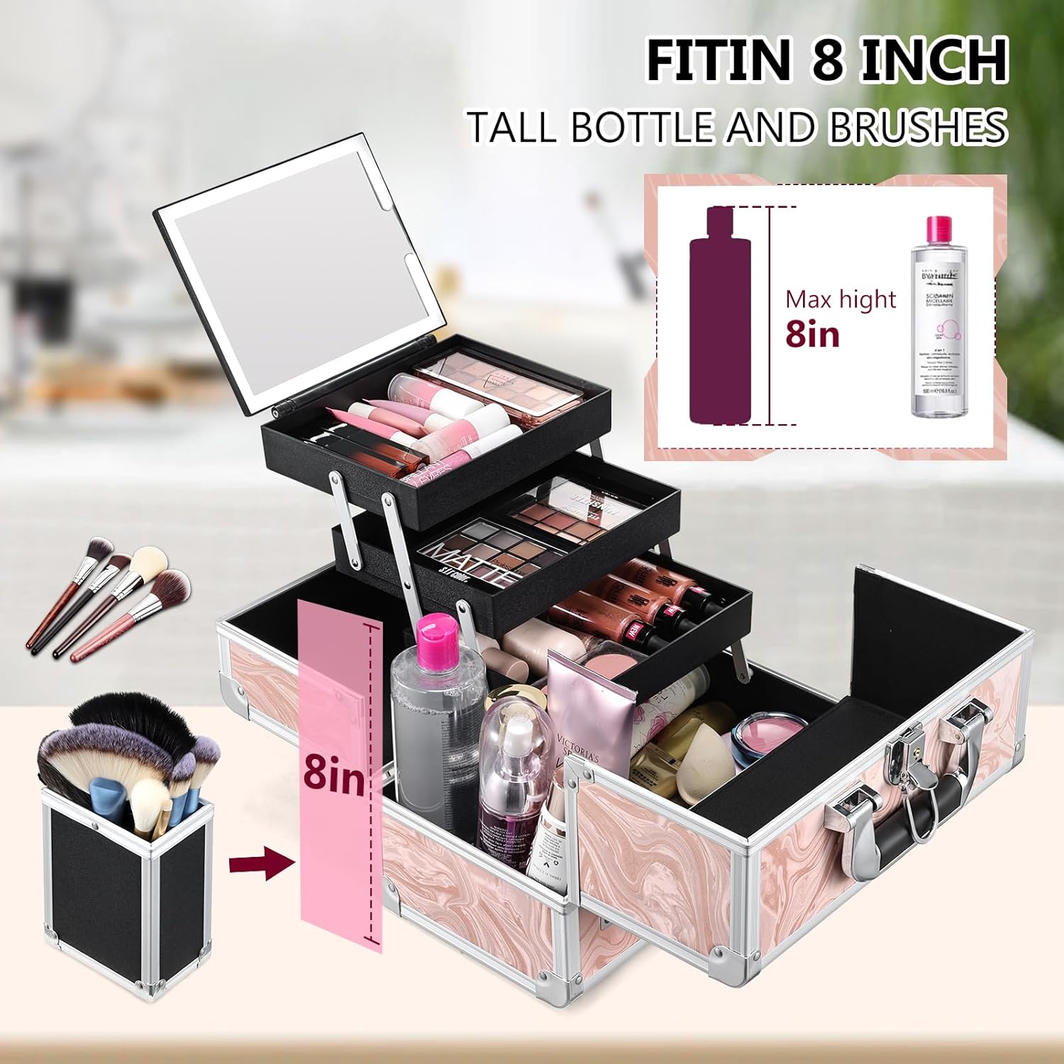 Travel Makeup Case with LED Lighted Mirror - 11.6" Portable Makeup Organizer Box, Cosmetic Train Case with Detachable Brush Holder - Fluid Pink - Image 2