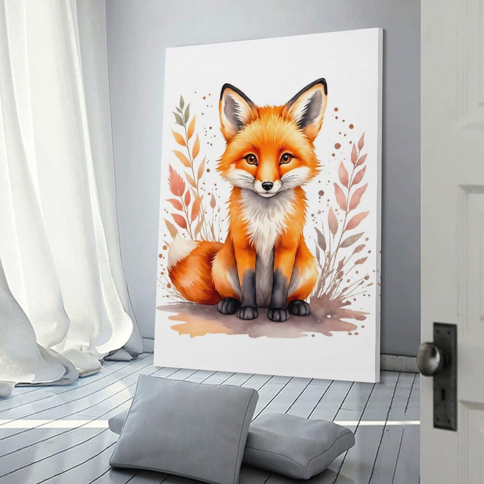 Junmoney Frame-Style-19 Cute Watercolor Fox Canvas Wall Art 20X30inch(50X75cm), For Office Decor, Home Working Or Creative Rooms, Wall Art That Adds Style To Work Areas