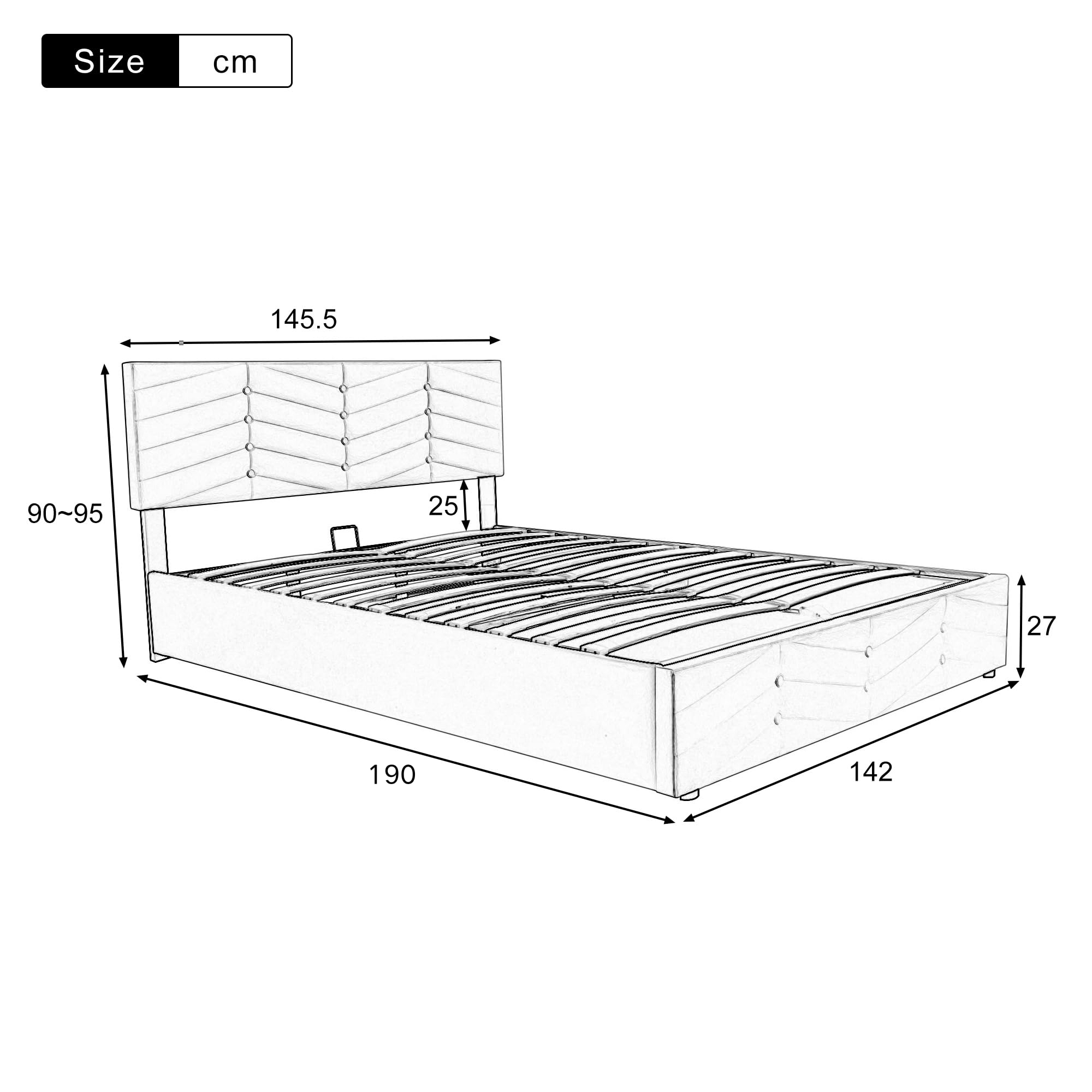 Cama Tapizada 140x190 cm, Cama Matrimonio con Cabecero Regulable en Altura, Cama Doble Juvenil con Lamas de Madera, Estilo Rayas Bed Frame con Almacenamiento Hidráulico, Gris, Sin Colchón