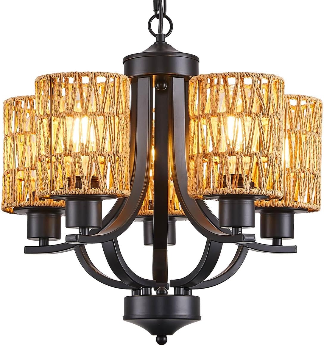 5-Light Dining Room Chandelier,Modern Small Rattan Chandeliers Black Rustic Metal Farmhouse High Ceiling Pendant Light Fixtures for Living Room,Kitchen,Foyer,Bedroom
