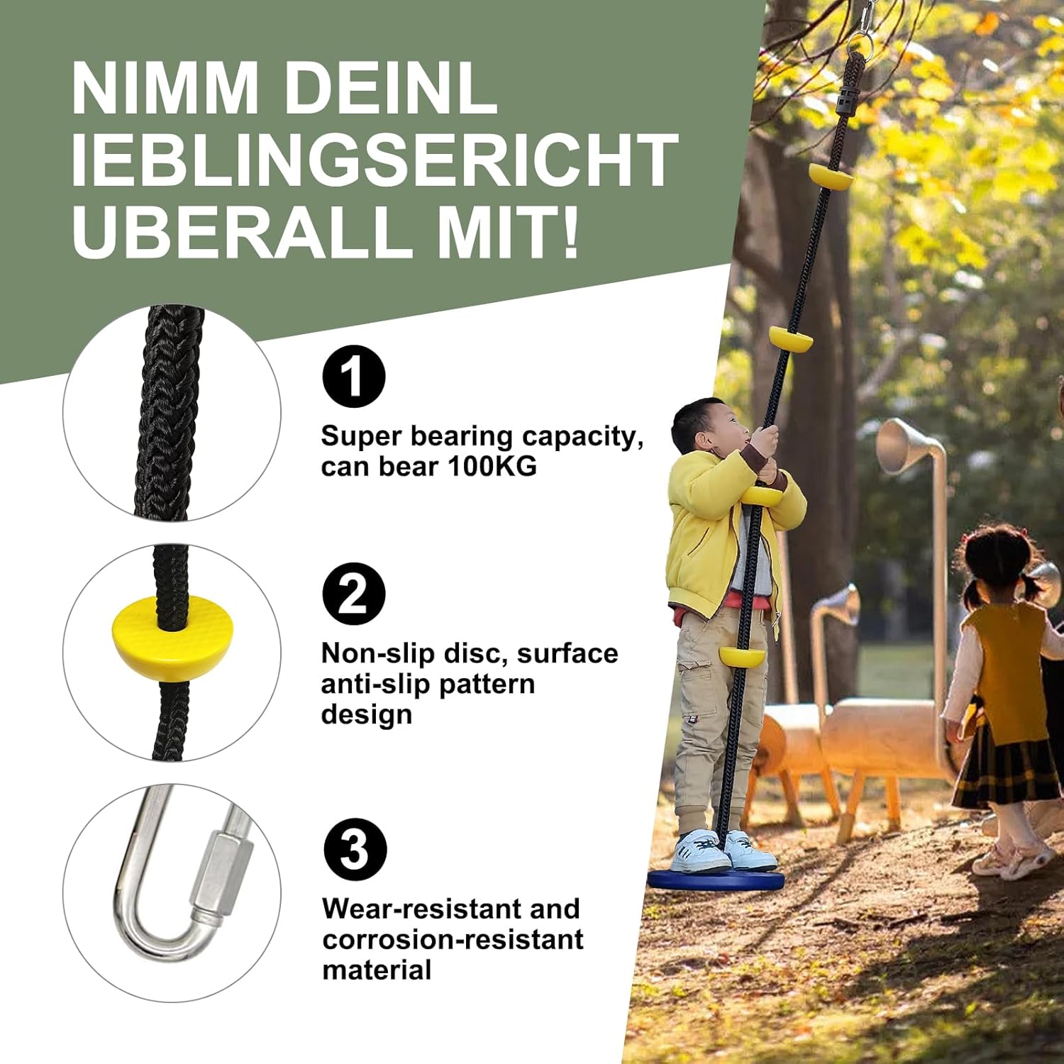 Climbing Rope with Platforms Tree Swing for Kids Disc Swing Seat Set Outdoor Backyard Playground Accessories Including Bonus Hanging Strap & Carabiner