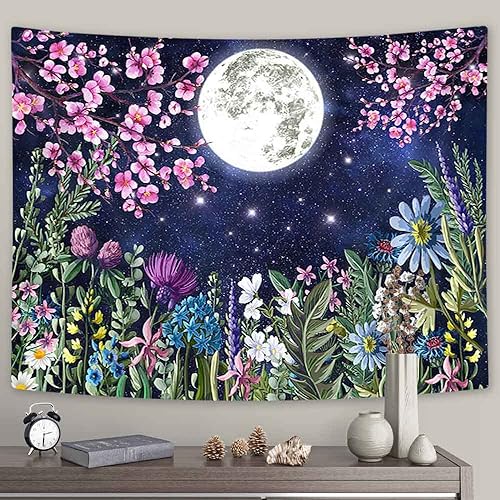 Miniatura 7 de Boziqr Tapiz estético de flores de luna, cielo estrellado, tapiz floral para colgar en la pared para dormitorio, tapiz de paisaje natural,