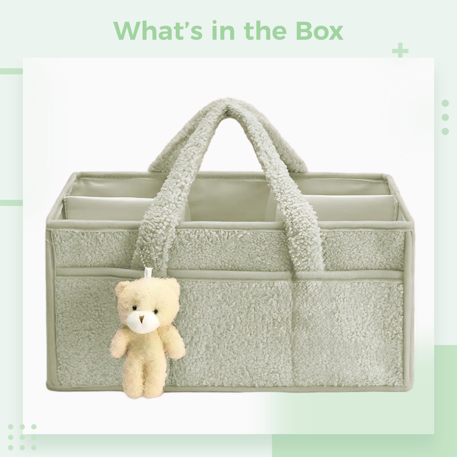 Organisateur de Couches en Peluche, Caddy Vert 38 x 18 x 4 cm, 15 x 7,1 x 1,6 po, avec Plusieurs Poches, Grand Organisateur de Couches pour Voyage, Sac de Rangement en Polyester pour Maman
