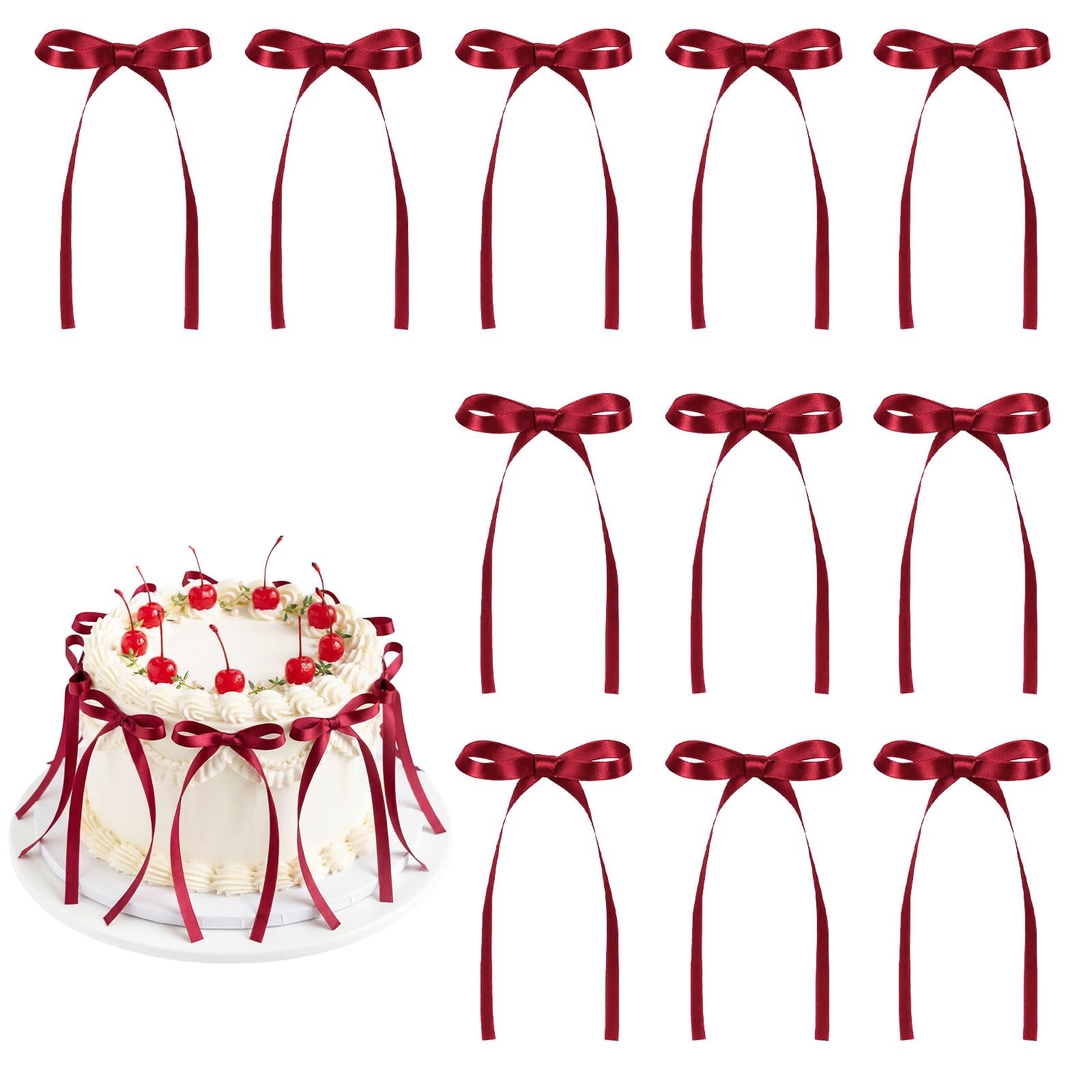 Photo 1 of 30 Pack Bow Cake Toppers Wine Red Ribbon Bows for Cake Back to School Decor