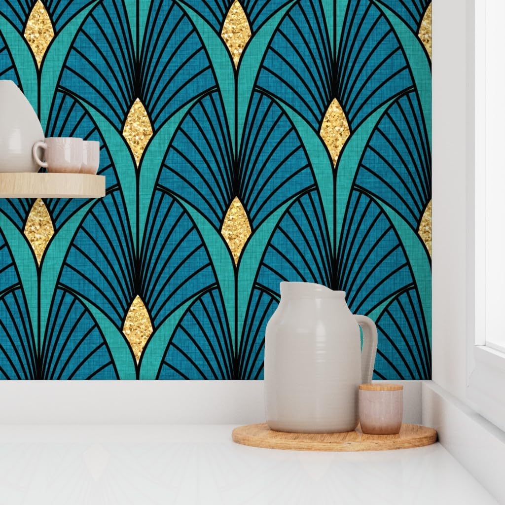 Spoonflower Peel & Stick Wallpaper Swatch - Art Deco Peacock Emerald Gold Blue Teal Retro Elegant Custom Removable Wallpaper