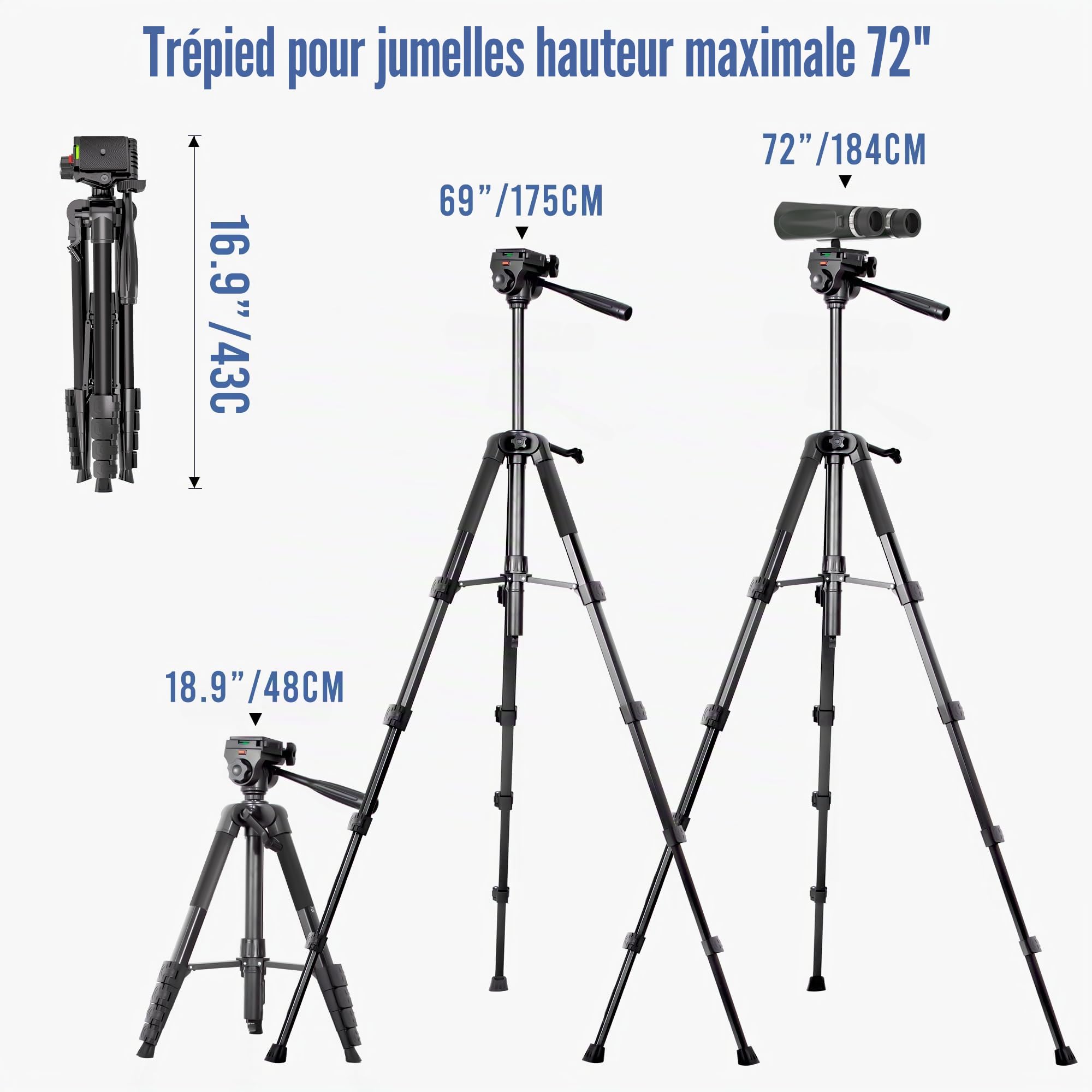 Trépied Lusweimi pour Jumelles, 184cm Trépied pour Longue-vue avec Adaptateur, 2 QR Plaques & Support pour Téléphone, Compatible avec Jumelles, Longue-Vue, Appareil Photo et Téléphone, Aluminium,Noir