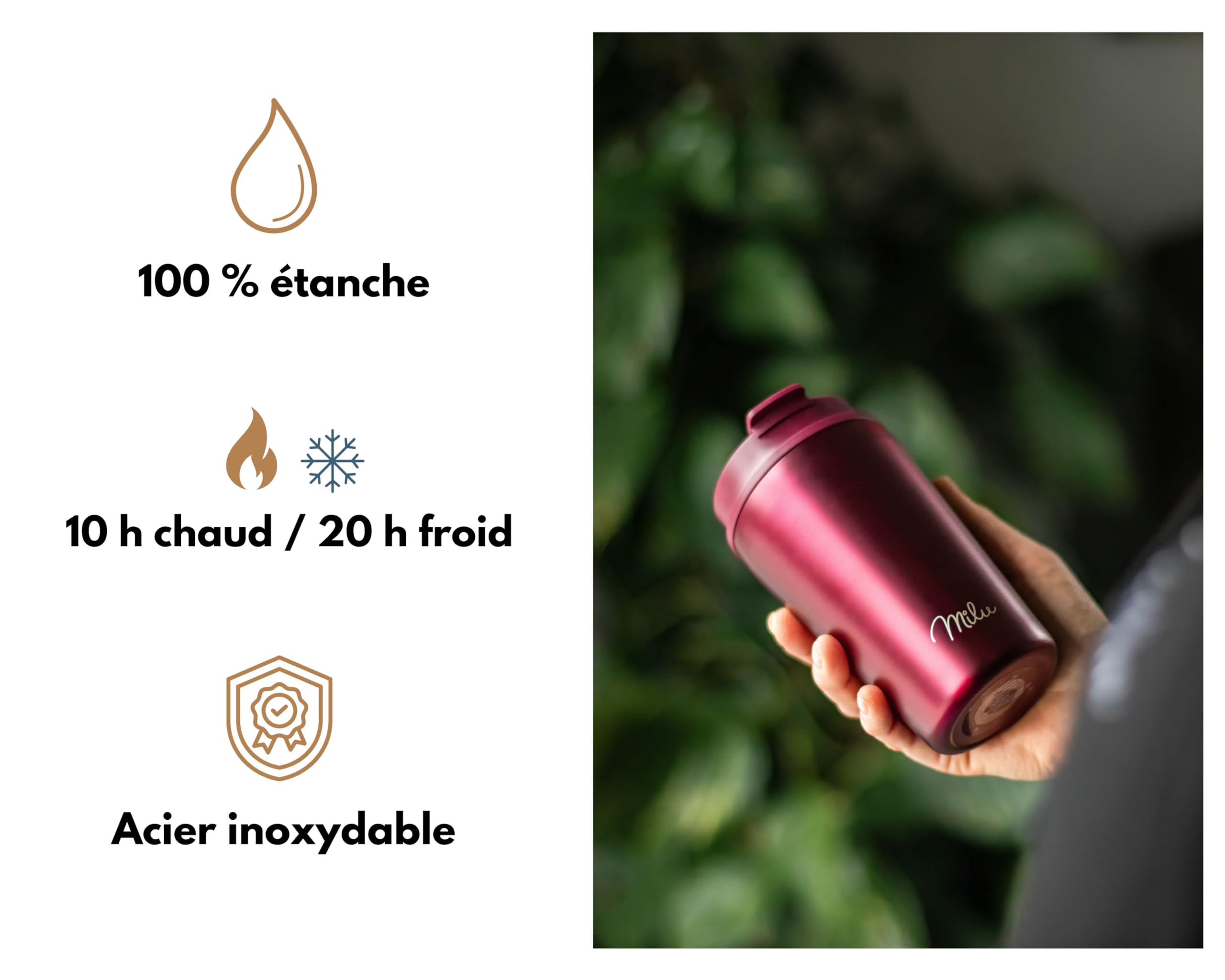 Milu Mug Isotherme 500ml - Thermo Café étanche en acier inoxydable, Tasse thermique sans BPA, 100% anti-fuite(Berry, 500ml)