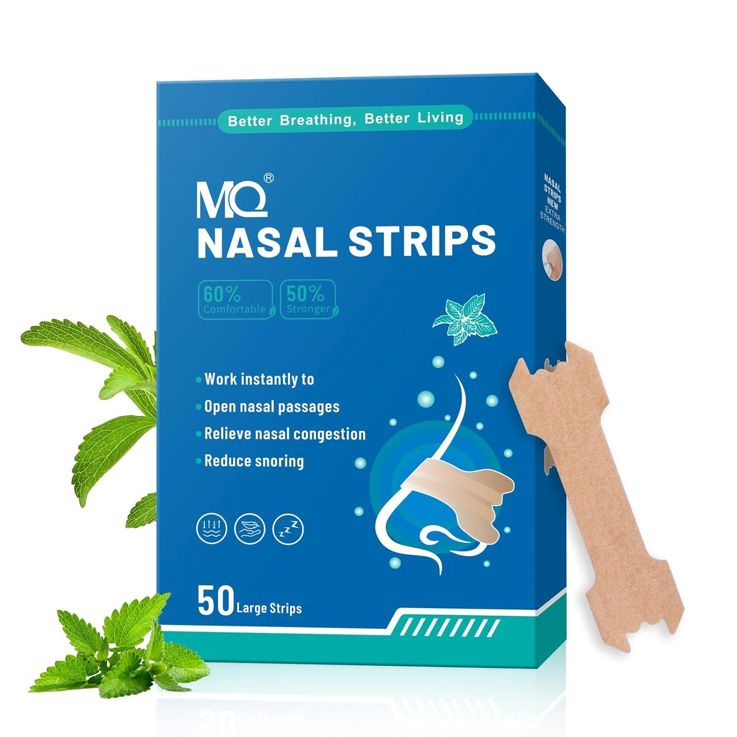 MQ 50ct Nasal Strips for Snoring Mint Scent Nose Strips for Breathing Extra Strength Snore Strips to Open
