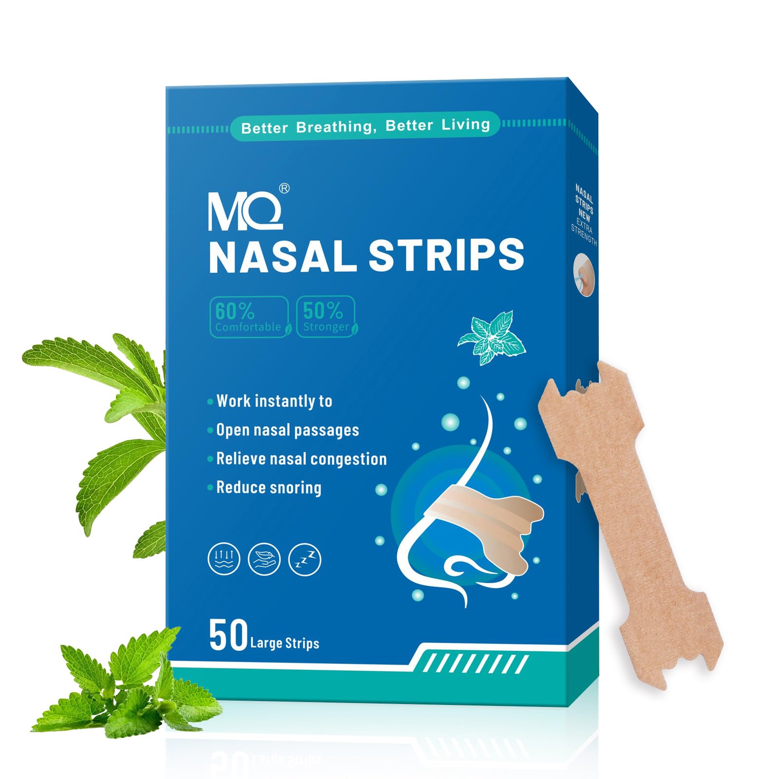 MQ50ct Nasal Strips for Snoring Mint Scent Nose Strips for Breathing Extra Strength Snore Strips to Open Nasal Passages, Relieve Nasal Congestion