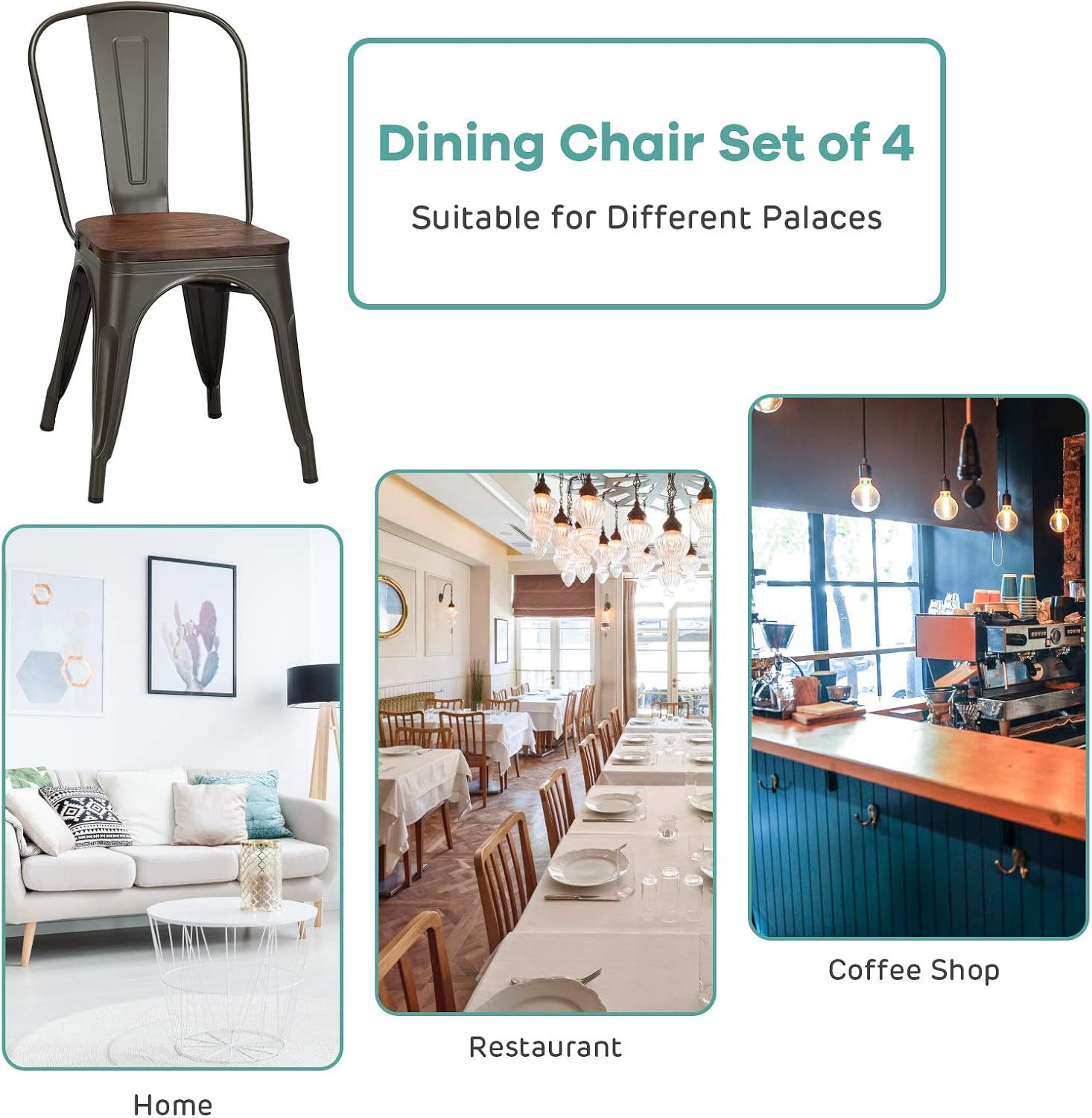 HAPPYGRILL Dining Chairs Set of 4, Indoor Outdoor Metal Kitchen Chairs with Wood Seat & High Backrest, Tolix-Style Stackable Counter Bar Chairs for Living Room, Restaurant, Patio & Party