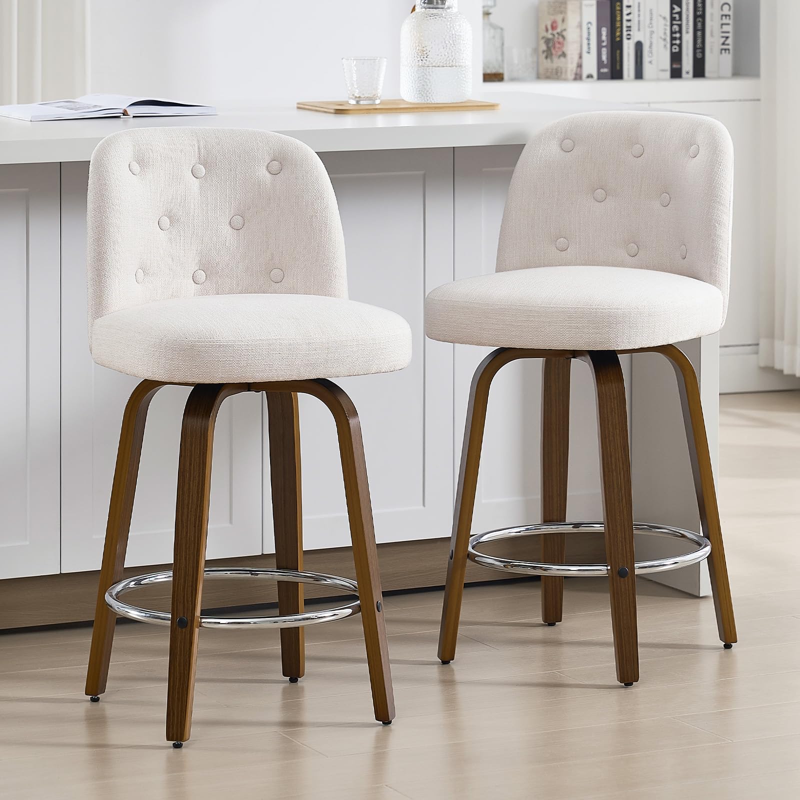 WOOW DEPOT Counter Height Bar Stools Set of 2, 65cm Swivel Mid-Century Modern Barstools with Back, 10cm Thick Padded Seat, Walnut Curved Wood Legs, Upholstered Linen, 150kg Load