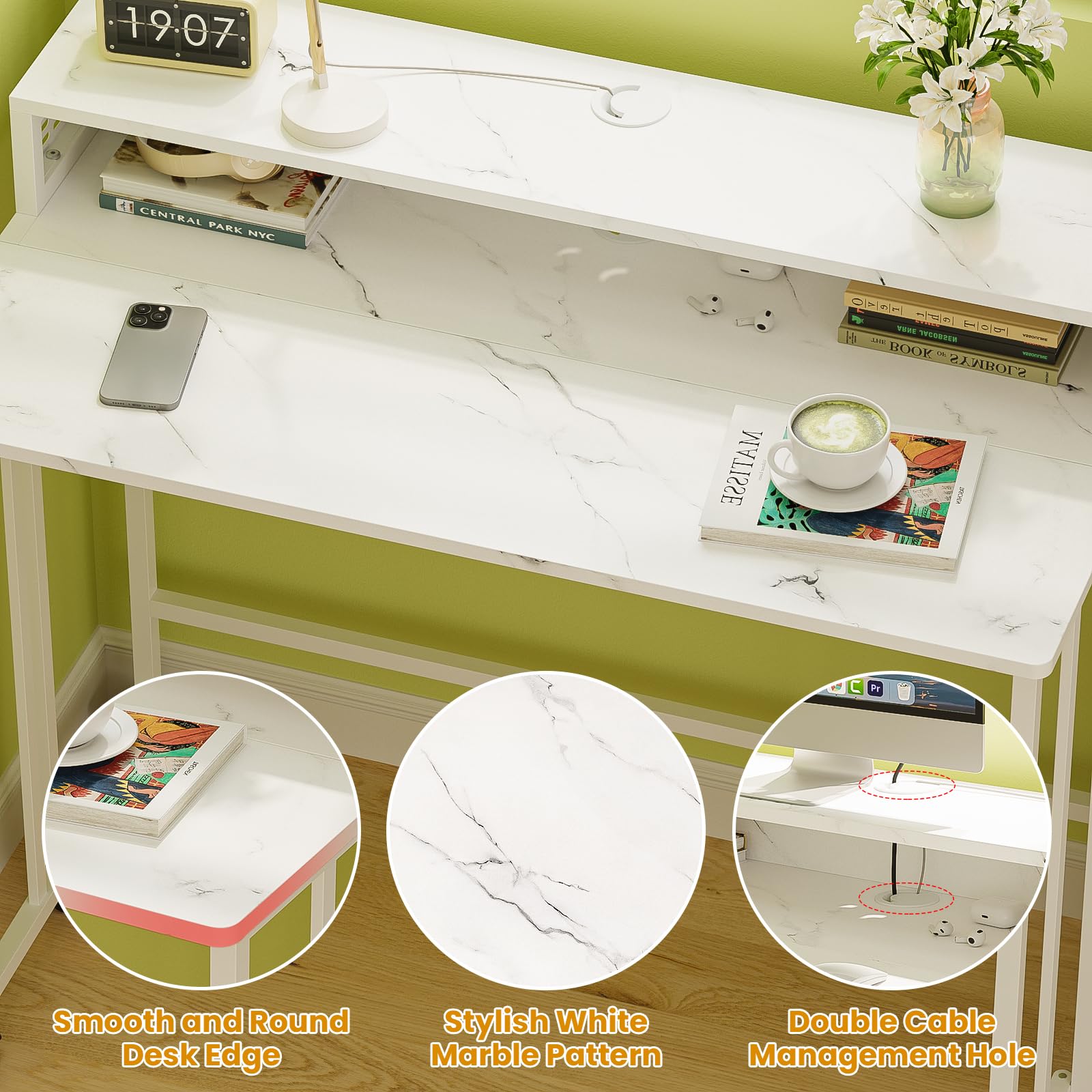 Escritorio plegable con estante de almacenamiento, sofá móvil, mesa auxiliar para oficina en casa, espacio pequeño, mármol blanco, 31.5 8