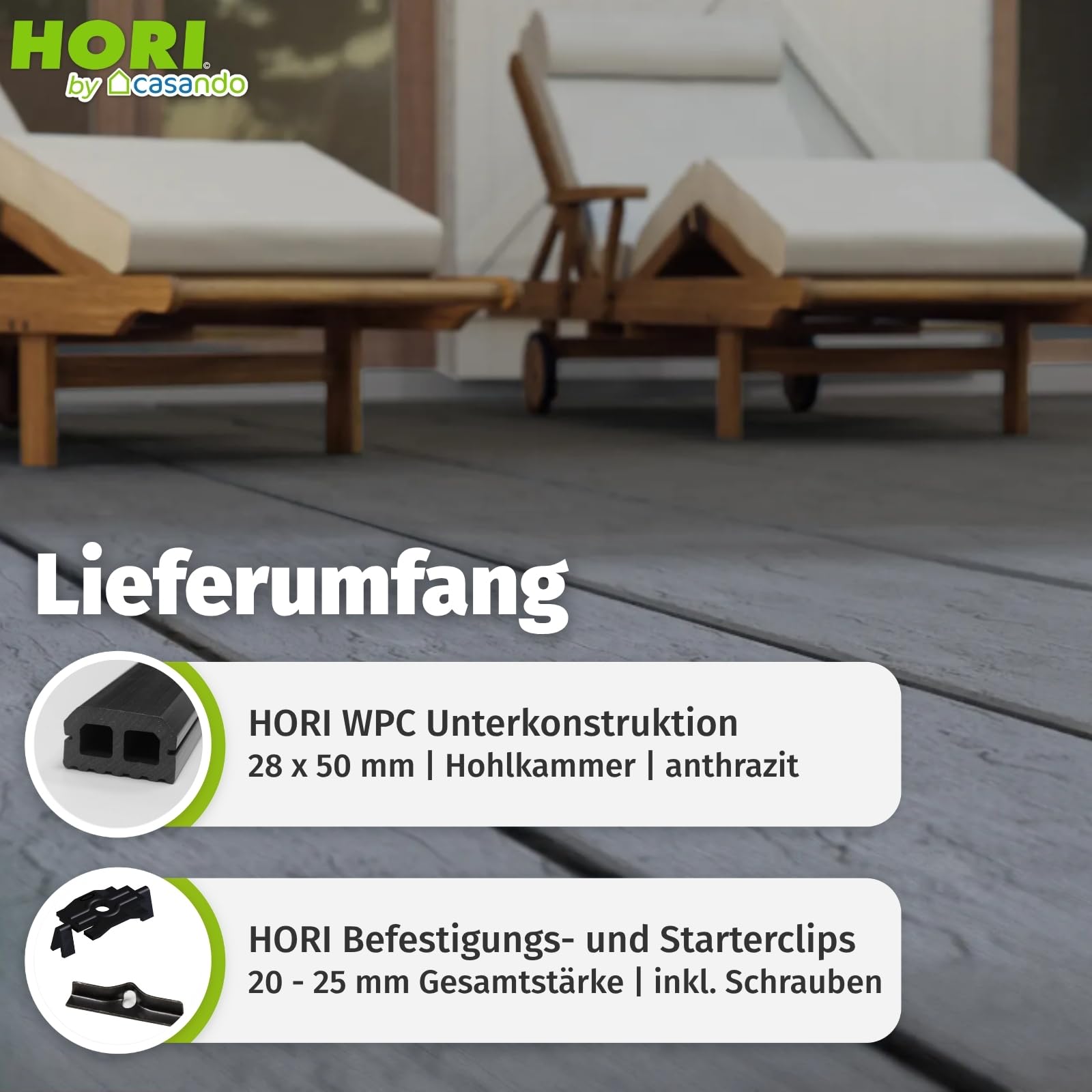 HORI WPC Terrassendielen Komplettset Treibholz Massivdiele XXL, inkl. 28x50 mm Unterkonstruktion & Clips, pflegeleicht & UV-beständig WPC Terrasse