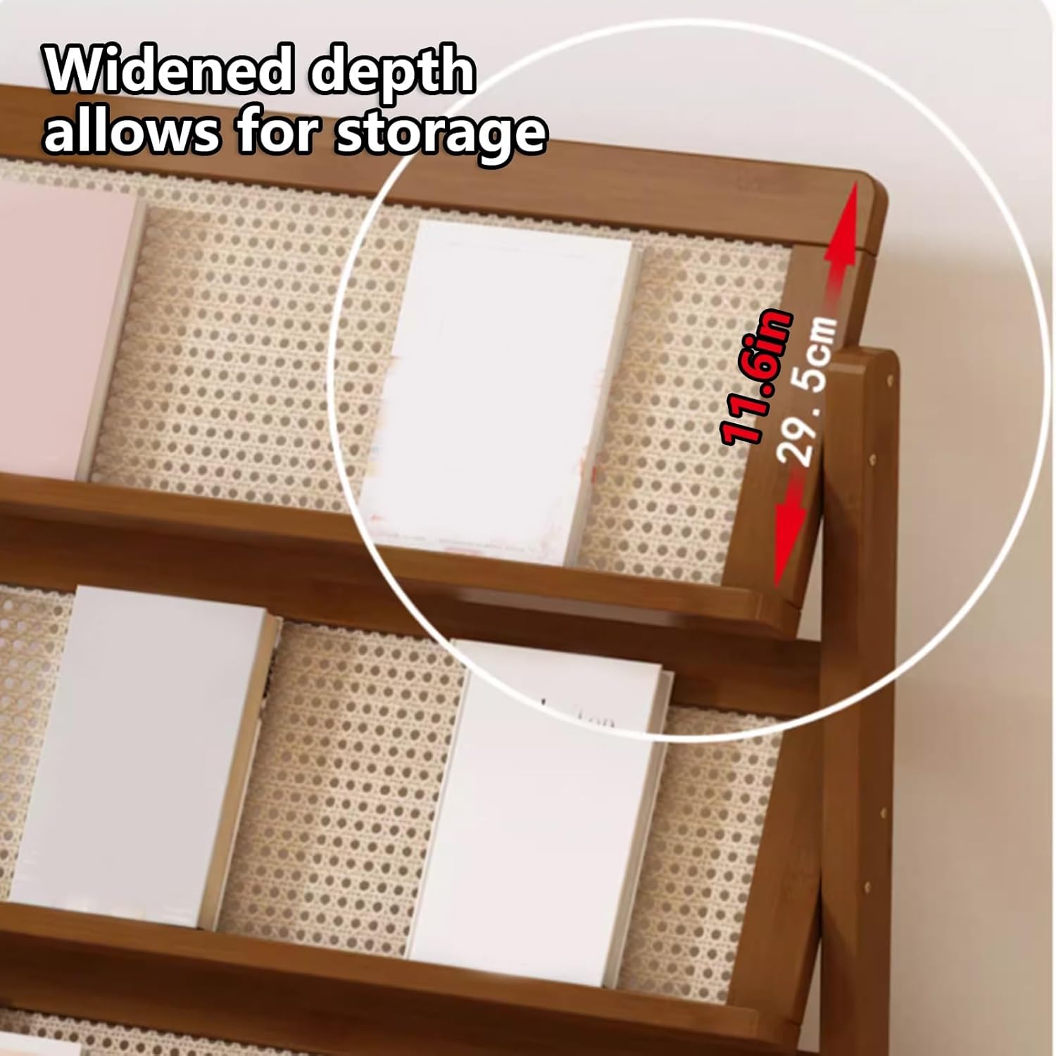 3-Tier Book Rack with Wood Frame, Space-Saving Rattan Magazine Holder - Multi-Purpose Floor Display Stand for Home, Office,Classroom Use(Multi-colored,39.4x35.8x8.9in)