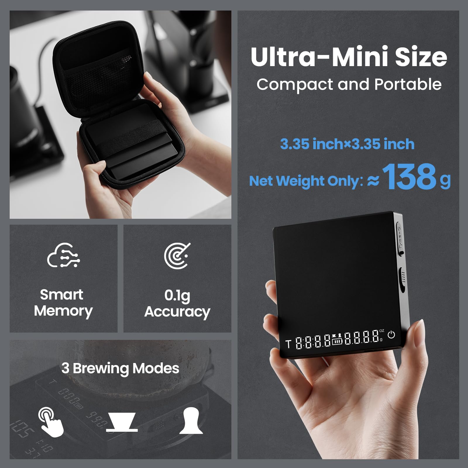MHW-3BOMBER Báscula de café expreso súper mini con temporizador, báscula de café digital con modo espresso/vertido/manual, báscula recargable de granos de café, báscula portátil con una bolsa de