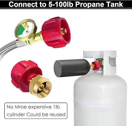 Miniatura 6 de Manguera adaptadora de tanque de propano trenzada de acero inoxidable de 6 pies con calibre, adaptador de repuesto de propano convertidor de 1 lb a