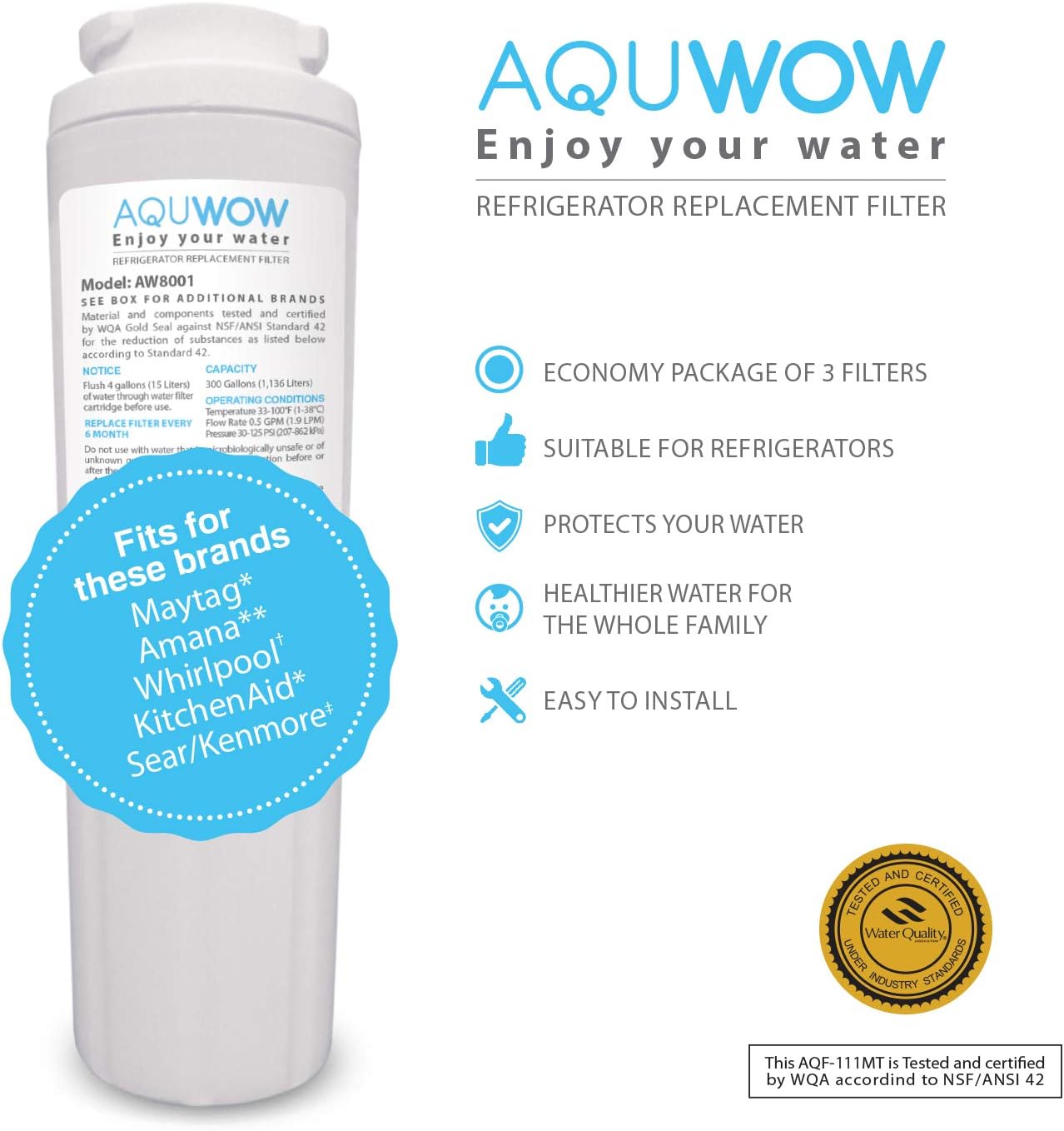 Review Refrigerator Water Filter Replacements 3-Pack for Maytag UKF8001, Whirlpool 4396395, EveryDrop EDR4RXD1, Pur FILTER 4, and Kenmore 46-9005 – NSF Certified Clean, Purified Drinking Water by AQUWOW