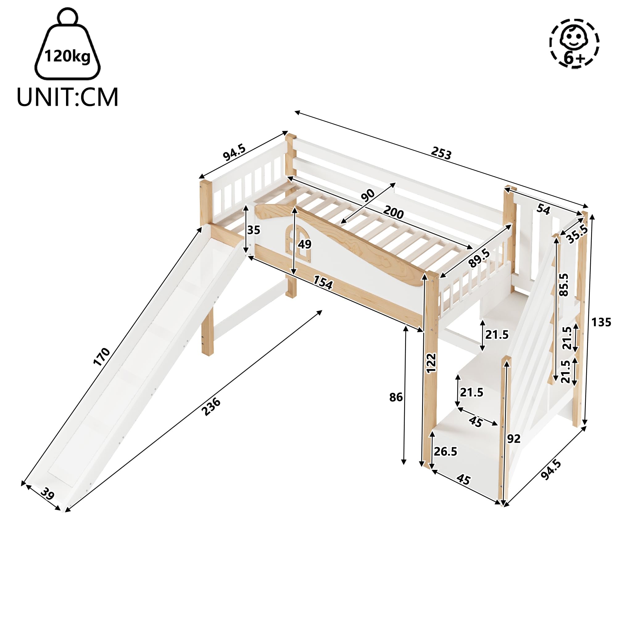BTM Halbhohes Bett 90x200 Holz Hochbett mit Rutsche, Stauraum Treppe Kinderhochbett mit Rausfallschutz, Weiß + Natur