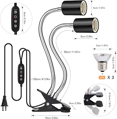 Miniatura 5 de Lámpara de calor para reptiles, temporizador de luz de reptil de doble cabeza, luz de reptil UVA UVB con abrazadera para tortuga, leopardo gecko,