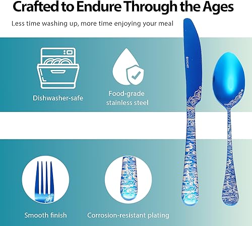 Miniatura 3 de Juego de Cubiertos Wave de 20 Piezas, Juego de Cubiertos de Acero Inoxidable, Servicio para 4, Utensilios para Hogar, Cocina, Boda, Grabado Láser,
