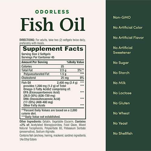 Miniatura 5 de Nature's Bounty Aceite de pescado inodoro, 1200 mg de omega-3 por porción, incluyendo EPA y DHA, apoya la salud del corazón, purificado